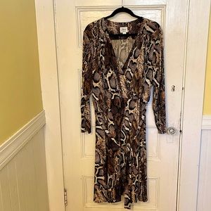 Brown snakeskin faux wrap long sleeve dress